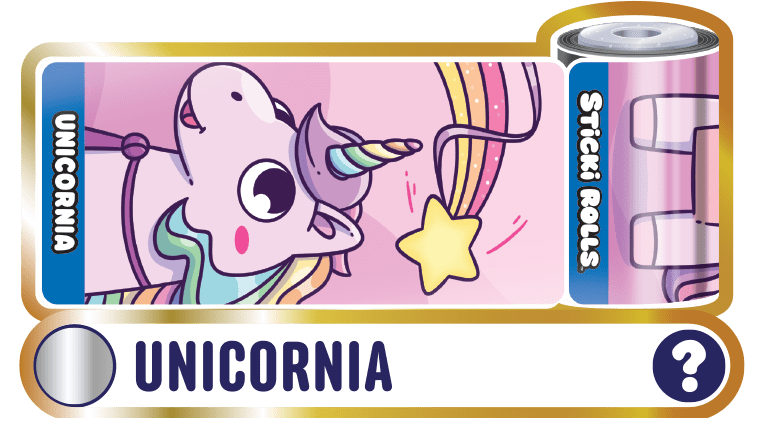 A Sticki Rolls Fantasticks Unicornia design featuring a unicorn with a falling star overhead.