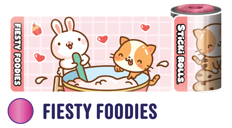 A Fiesty Foodies sticker design featuring a bunny and a cat cooking.