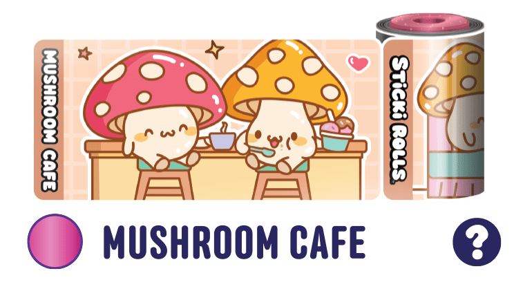 A Mushroom Cafe sticker design featuring mushrooms eating and drinking.