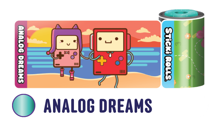 Analog Dreams Sticki Rolls design featuring two analog gaming systems at a beach.