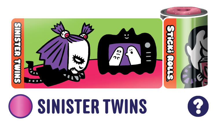 Sinister Twins Sticki Rolls design with a chic character looking at a TV screen.