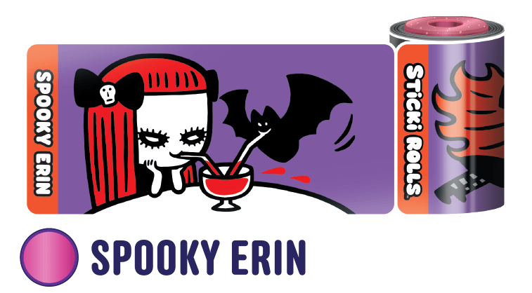 Spooky Erin sticker design featuring a girl sharing a drink with a bat.
