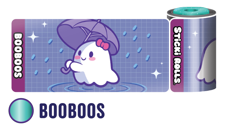 BooBoos sticker design of a ghost holding an umbrella.