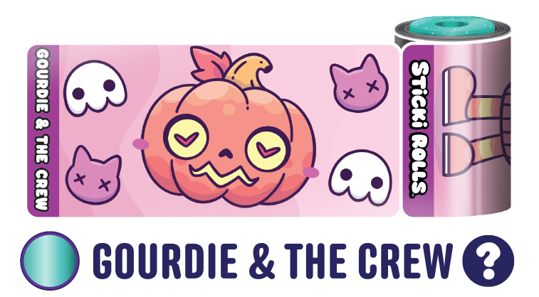 Gourdie & the Crew sticker design featuring a pumpkin illustration.