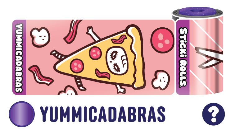 Yummicadabras sticker design of a pizza surrounded by toppings.
