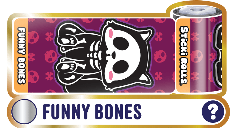 Funny Bones sticker design of a sitting spooky dog with a skull and bone-inspired background.