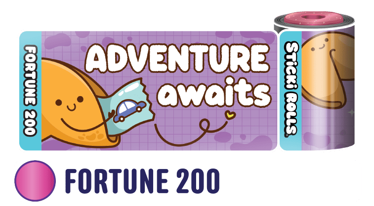 A Fortune 200 sticker design of a fortune cookie with an "Adventure awaits" message.