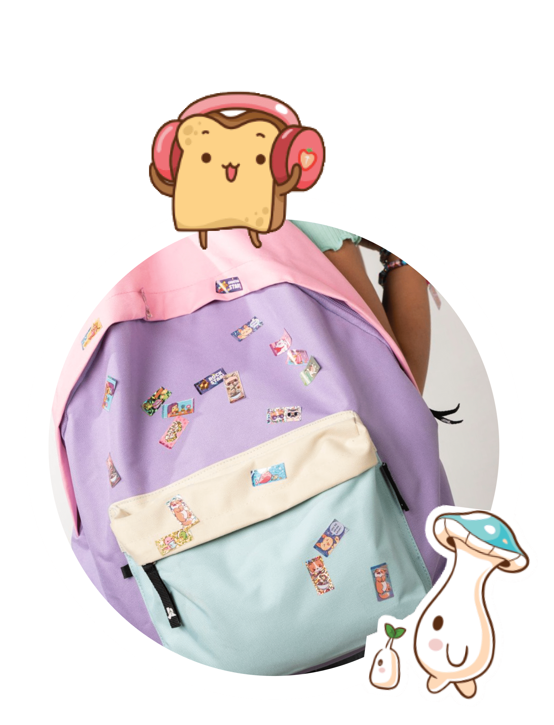 A backpack filled with Sticki Rolls stickers.