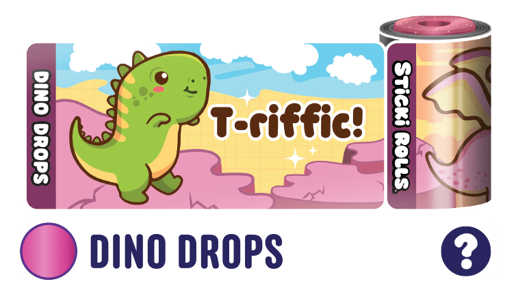 A Dino Drops sticker design featuring a smiling dinosaur and the word "T-riffic!"