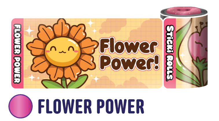 A Flower Power sticker design featuring a smiling orange flower and a "Flower Power!" text.