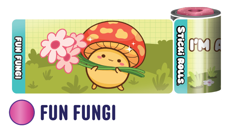 A Fun Fungi sticker design featuring a mushroom holding a bunch of flowers.