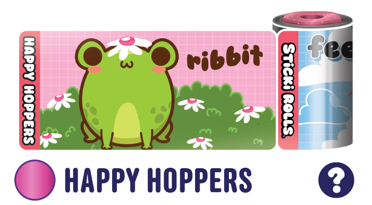 A Happy Hoppers sticker design of a frog with a flower on its head and the word "Ribbit."