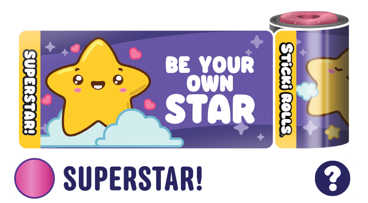 A Superstar! sticker design featuring a star on top of clouds and a "Be your own star" message.