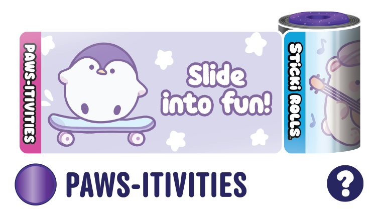 A Paws-itivities sticker design featuring a penguin on a skateboard and a "Slide into fun" message.