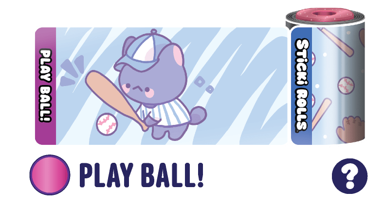 A Play Ball! sticker design of an animal playing baseball.