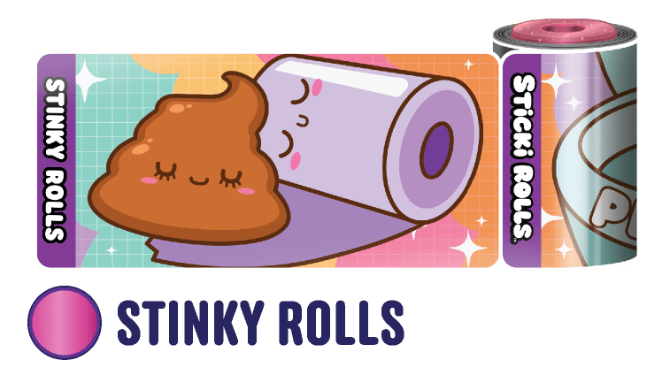 A Stinky Rolls sticker design featuring a poo and a toilet roll.