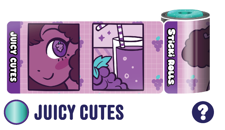 A Juicy Cutes sticker design featuring a girl and grape juice in a glass.