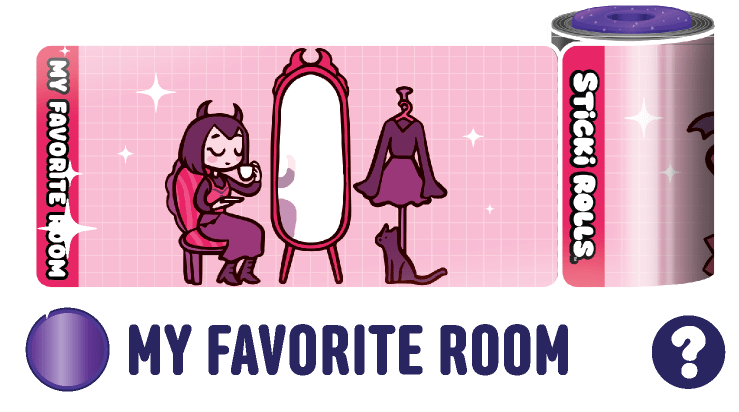 A My Favorite Room sticker design of a lady sitting and drinking in front of a mirror.