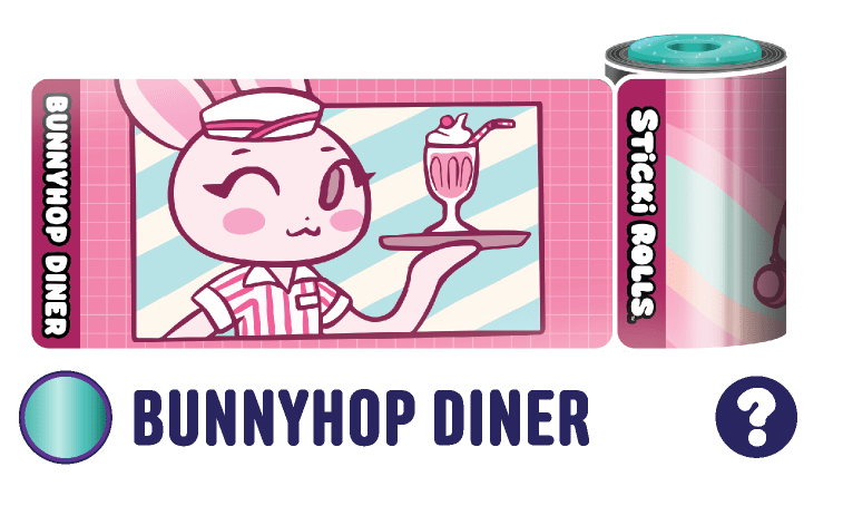 A Bunnyhop Diner sticker design of a bunny waiter holding a milkshake.
