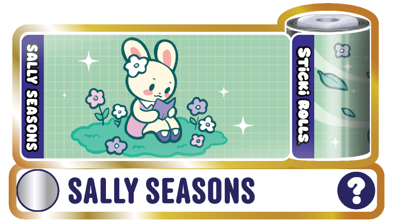 A Sally Seasons sticker design featuring a bunny reading on the grass filled with flowers.