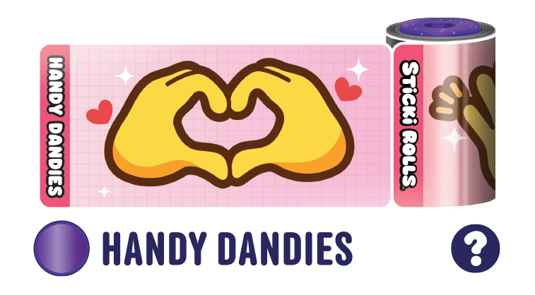 A Handy Dandies sticker design featuring a heart hand gesture.