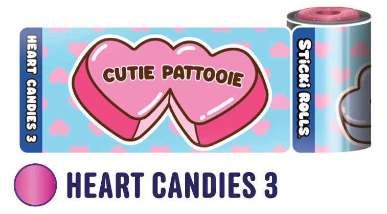 A Heart Candies 3 sticker design featuring a pink heart candy with "Cutie Pattooie" on it.