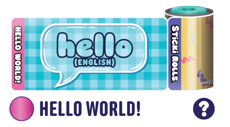 A Hello World! sticker design with "Hello (English)" in a speech balloon.