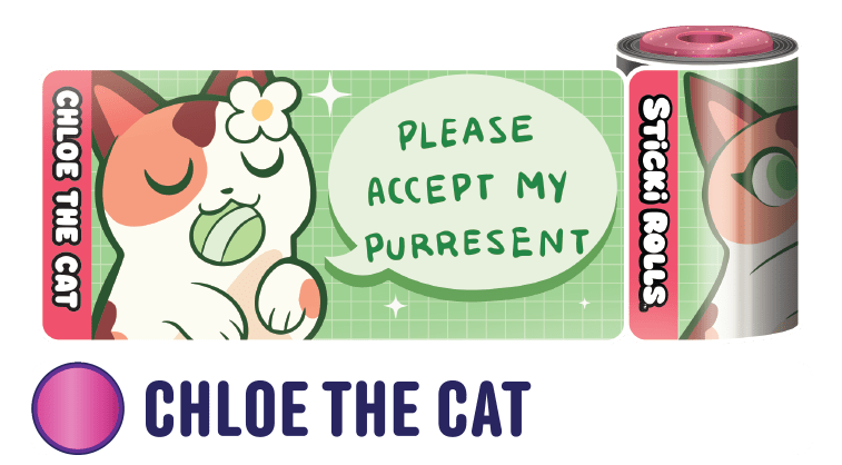 A Chloe the Cat sticker design of a cat saying "Please accept my purresent."