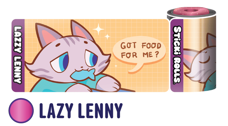 A Lazy Lenny sticker design of a cat with a fish in its mouth saying "Got food for me?"