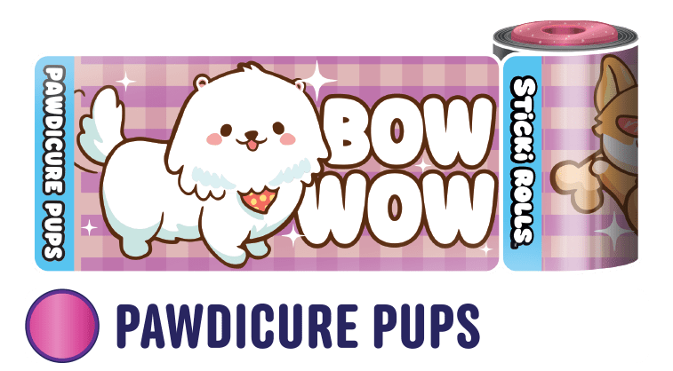 A Pawdicure Pups sticker design of a white dog saying "Bow Wow."