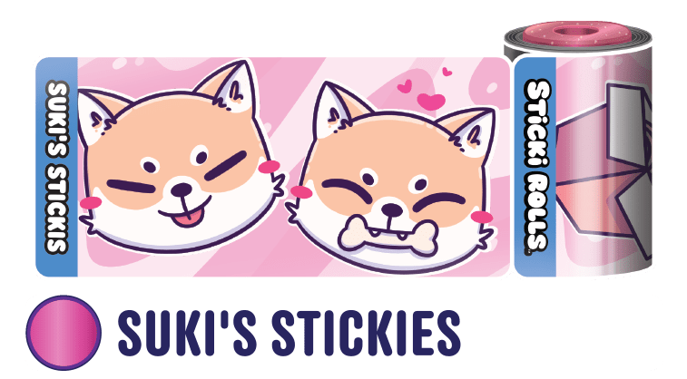 A Suki's Stickies sticker design of a dog and another dog holding a bone.