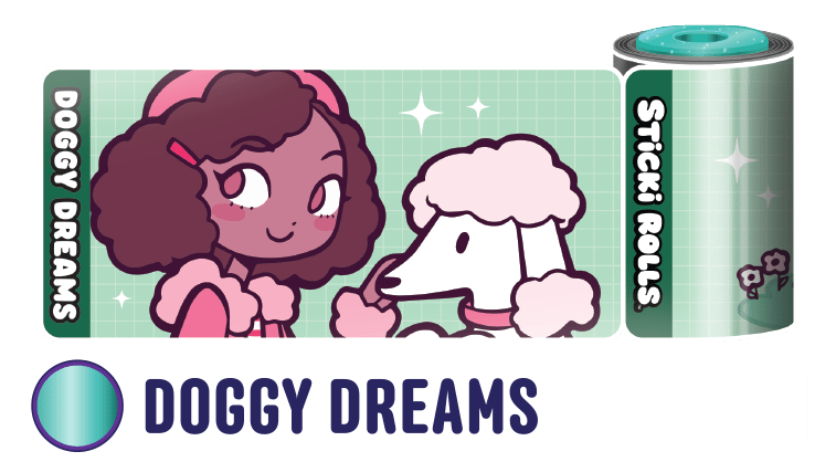 A Doggy Dreams sticker design of a lady and her dog.
