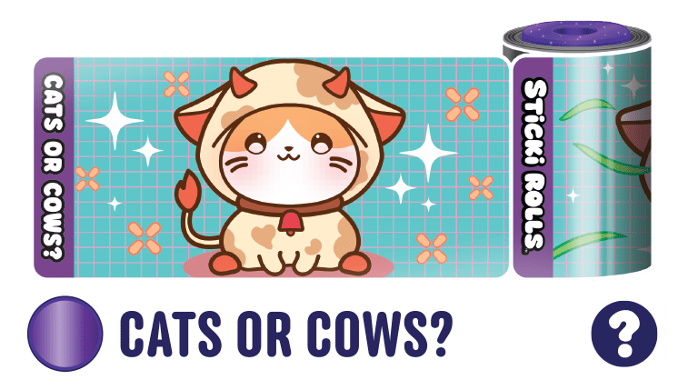A Cats or Cows? sticker design of a cat in cow disguise.