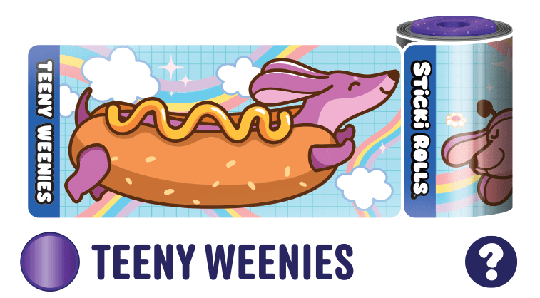A Teeny Weenies sticker design of a dog in a hotdog costume.