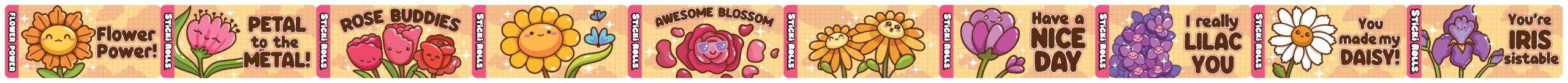 Flower Power sticker collection featuring different flowers, each paired with a witty pun.