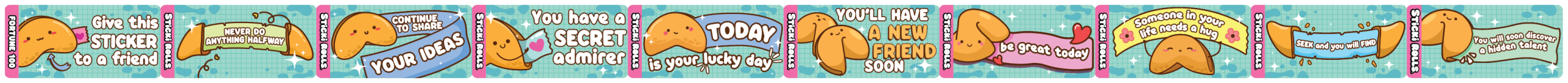 Fortune 100 sticker collection highlighting a variety of fortune cookie sayings.