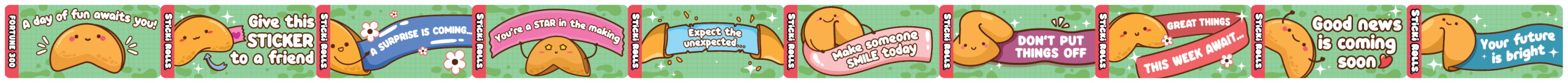 Fortune 300 sticker collection highlighting a variety of fortune cookie sayings.