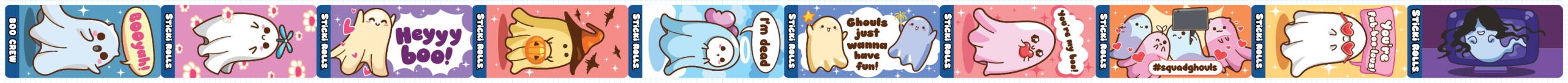 Animated Boo Crew sticker designs with ghost-themed messages.