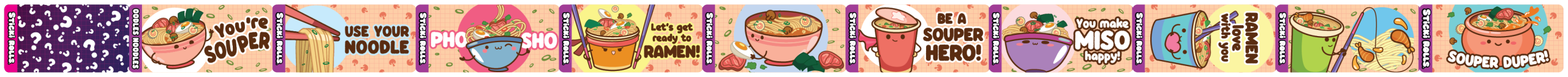 Noodles-themed sticker designs from Sticki Rolls' Oodles Noodles series.