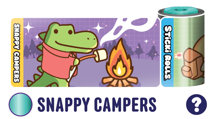 A Snappy Campers sticker design of a crocodile roasting a marshmallow.