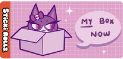 A sticker design of a purple cat saying 'My box now.'