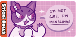 A purple cat sticker design saying 'I'm not cute, I'm menacing!'