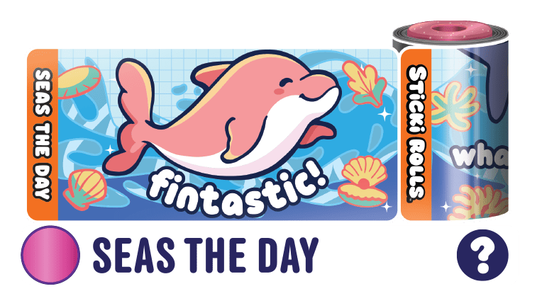 A Seas the Day sticker design of a dolphin with a pun.