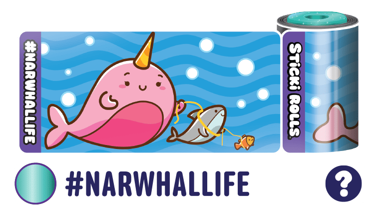 A #NarwhalLife sticker design of a narwhal, shark, and a fish.
