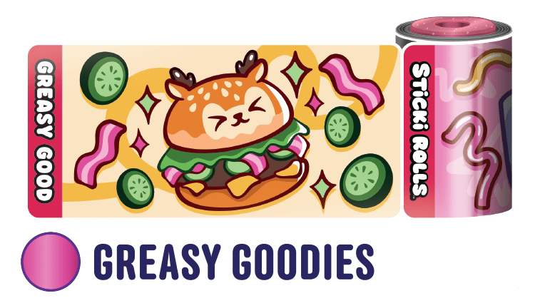 A Greasy Goodies sticker design of a hamburger.