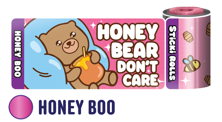 A Honey Boo sticker design of a bear holding a jar of honey with the tagline "Honey bear don't care."