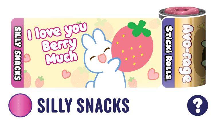 A Silly Snacks sticker design of a rabbit holding a strawberry and an "I love you berry much" text.