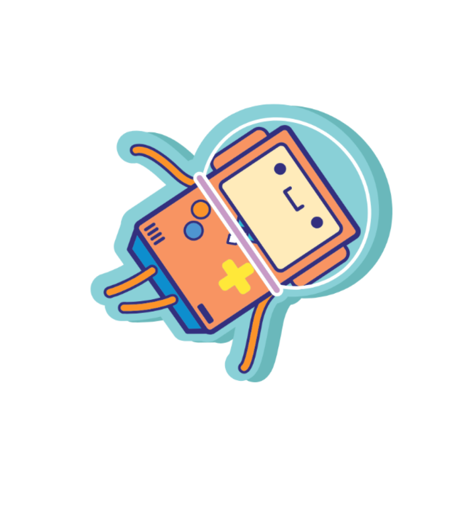 A Game Boy with a glass on the head sticker design.