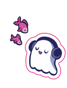 A sticker design of a ghost listening to music and two pink fishes.
